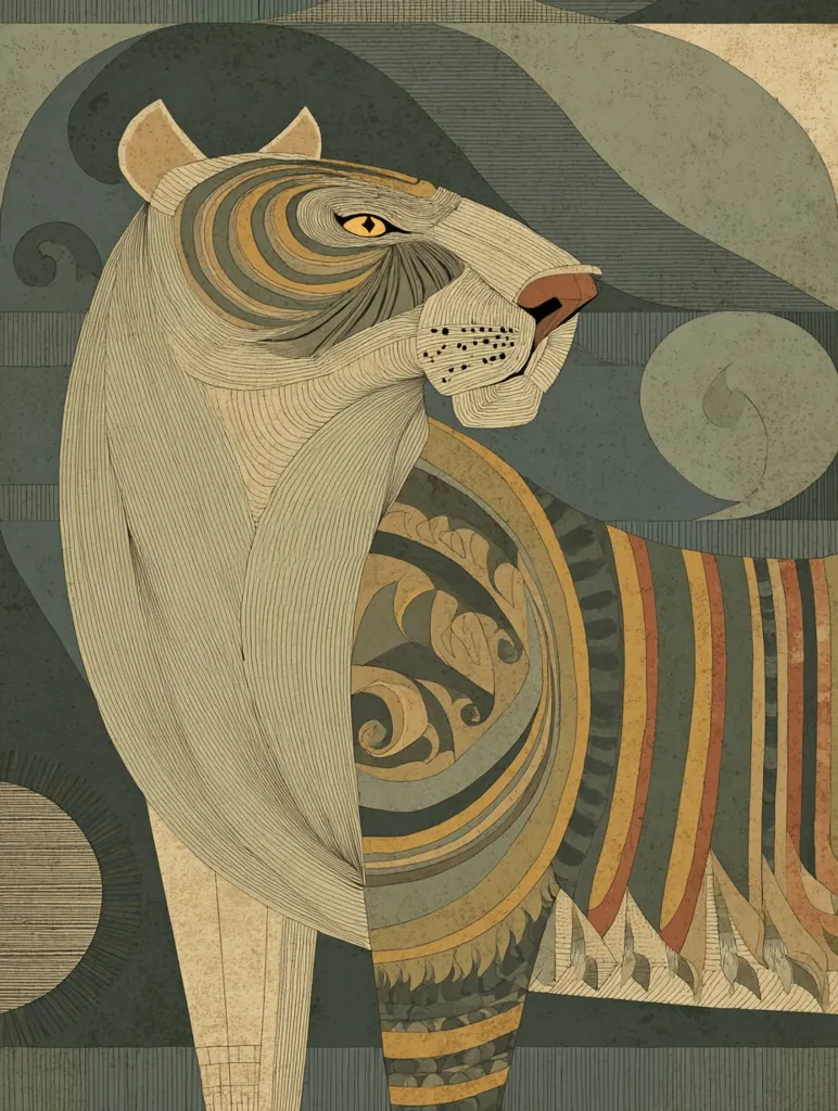 An art deco-style illustration of a tiger, rendered in muted earth tones.  The tiger's body is depicted with intricate linear patterns and geometric shapes, creating a stylized and abstract representation of its stripes and form.  The background features swirling lines and shapes, complementing the tiger's design and contributing to the overall sense of movement and elegance. The image has a textured, almost vintage quality.