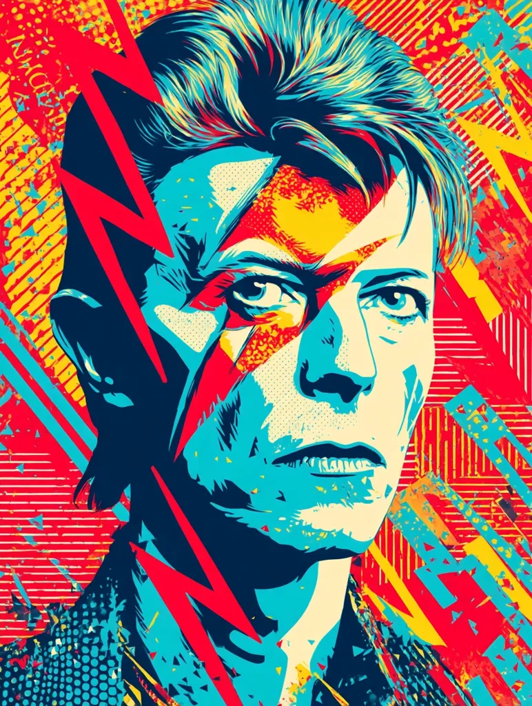A vibrant, stylized portrait of David Bowie in his iconic Ziggy Stardust persona.  Bold, graphic lines and a contrasting color palette of teal, red, and yellow create a dynamic and energetic image.  The lightning bolt across his face is a prominent feature, reflecting the album cover artwork. The background is a chaotic mix of lines and shapes, adding to the overall sense of movement and intensity.