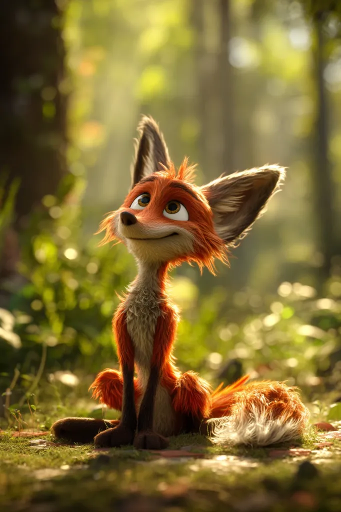 A charming, cartoonish fox sits in a sun-dappled forest clearing.  Its fur is a vibrant orange, and its large, expressive eyes gaze upward.  The fox's posture is relaxed and curious, its fluffy tail extending behind it. The scene is peaceful and idyllic, suggesting a whimsical and enchanting setting.