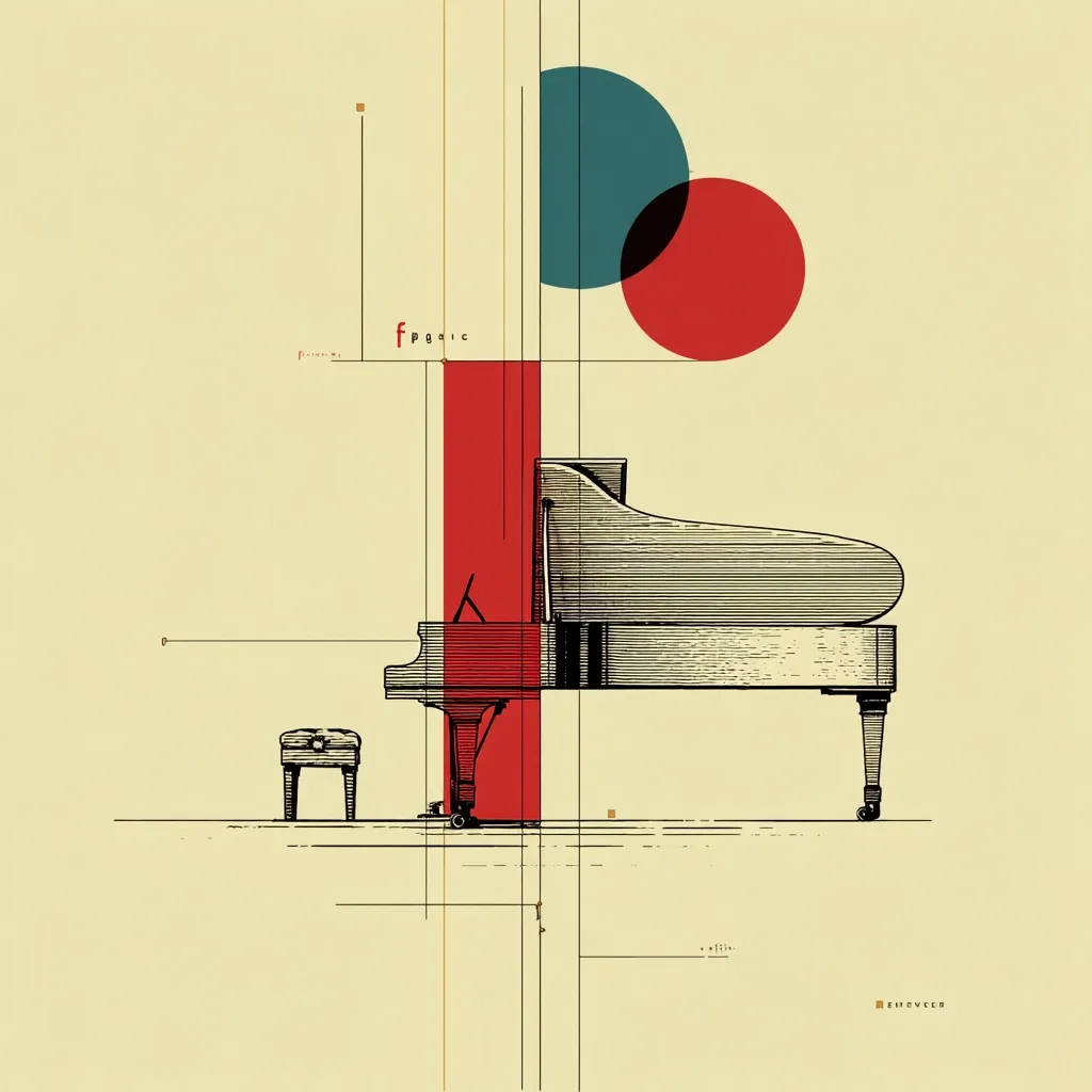 A minimalist illustration features a grand piano rendered in detailed line art, positioned against a muted beige background. Geometric shapes, including circles in teal and red, and intersecting lines create a structured composition. A bold red vertical stripe partially obscures the piano, adding a dynamic contrast.  The word "Fpgic" is subtly incorporated, suggesting a musical theme. The overall style blends geometric abstraction with a classical instrument.