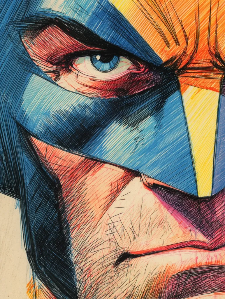 A close-up, stylized illustration of Wolverine's face.  His iconic mask partially obscures his intense gaze, rendered in bold strokes of blue, orange, and red.  The detailed hatching technique emphasizes texture, particularly in his facial hair and the mask's surface.  His expression is one of grim determination, highlighting the character's fierce personality. The artwork's vibrant colors and dynamic lines contribute to its powerful impact.
