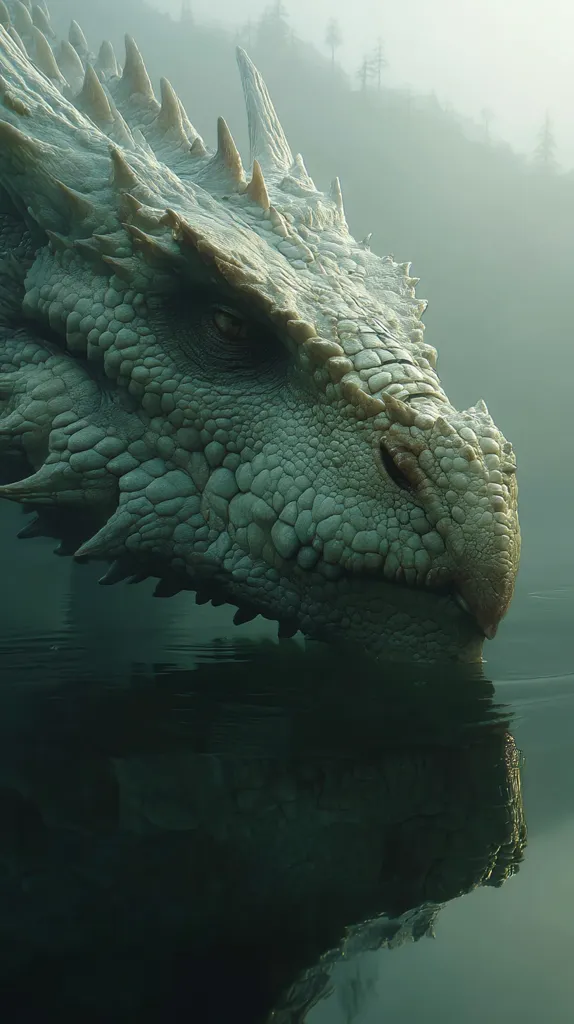 A majestic, light-grey dragon's head emerges from a dark, still body of water.  Its scaly skin and sharp horns are clearly visible, its eye half-closed in a contemplative gaze.  A misty forest background adds to the mystical atmosphere. The dragon's reflection is mirrored perfectly in the water.  The image evokes a sense of ancient power and serene mystery.