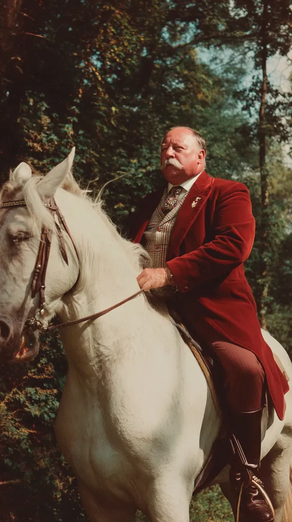 A mature man with a mustache, wearing a red velvet jacket and a patterned vest, sits astride a white horse.  The horse is saddled and bridled. The setting appears to be a wooded area, with lush green foliage visible in the background. The man's posture is upright, and he holds the reins. The overall impression is one of genteel elegance and a leisurely outdoor scene.