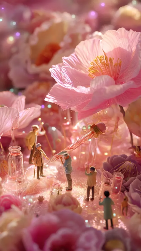 Miniature figures are meticulously arranged within a whimsical, pink floral diorama.  The scene features delicate, oversized blossoms, glass vials, and tiny people seemingly engaged in scientific activities around a large pipette.  A soft, ethereal glow permeates the entire composition, creating a dreamy and fantastical atmosphere.  The overall effect is one of delicate beauty and enchanting detail.