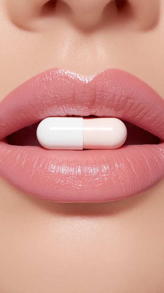 Close-up of a woman's lips with a white and pink capsule held gently between them.  The lips are full and a soft, rosy pink. The image is sharply focused, highlighting the smooth texture of both the lips and the pill. The overall aesthetic is clean and minimalist.