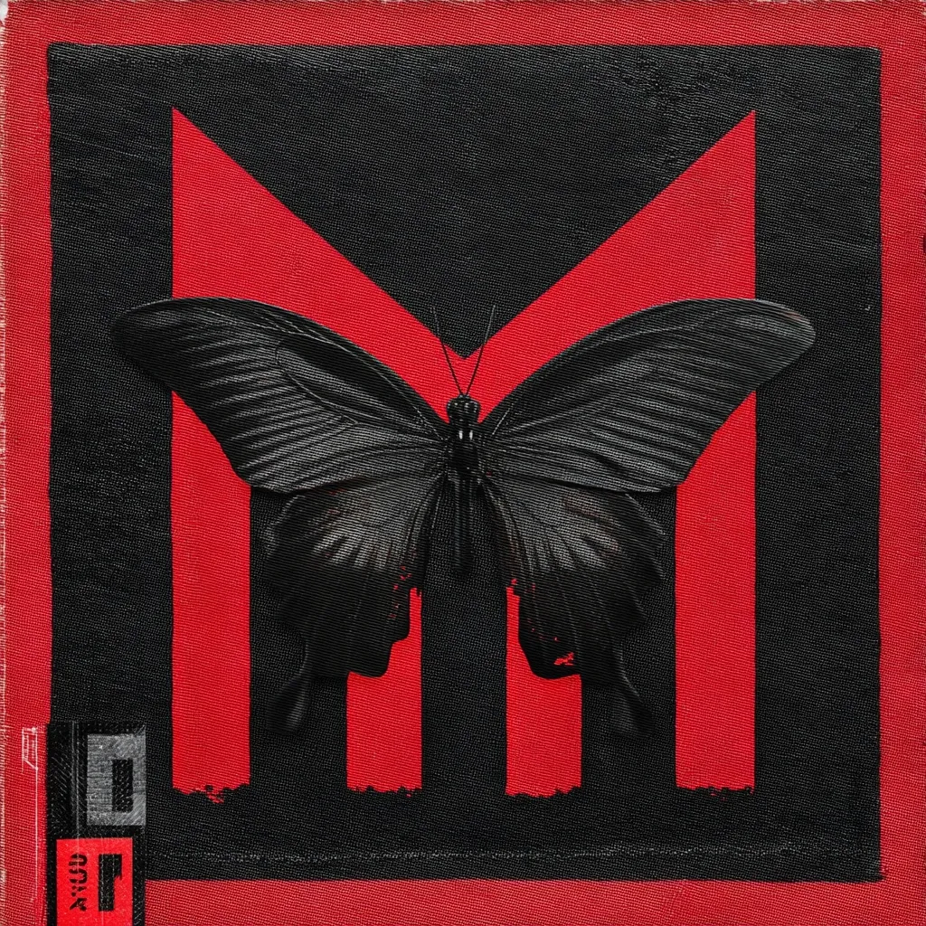 A striking artwork features a large, black butterfly centrally positioned against a bold red 'M' shape.  The 'M' is formed by thick, vertical red stripes on a black background, creating a strong contrast. The butterfly's dark wings fill the negative space of the 'M,' its detailed texture emphasized against the vibrant red. A small, rectangular logo is visible in the bottom left corner, adding to the graphic design's overall impact. The texture appears to be canvas or a similar material.