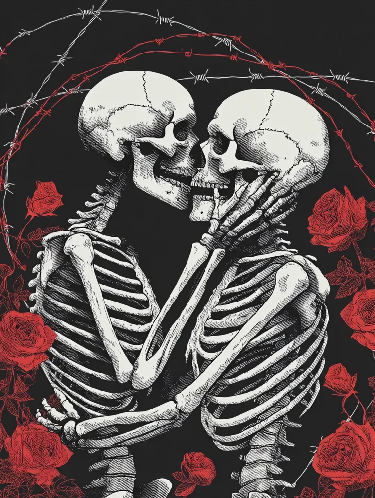 Two skeletons embrace in a passionate kiss, their bony forms intertwined against a black background.  Red roses and barbed wire encircle them, creating a stark contrast between romance and danger. The detailed linework emphasizes the skeletal structure, highlighting the fragility and beauty within the macabre image. The overall aesthetic is dark romanticism, blending elements of death and love.