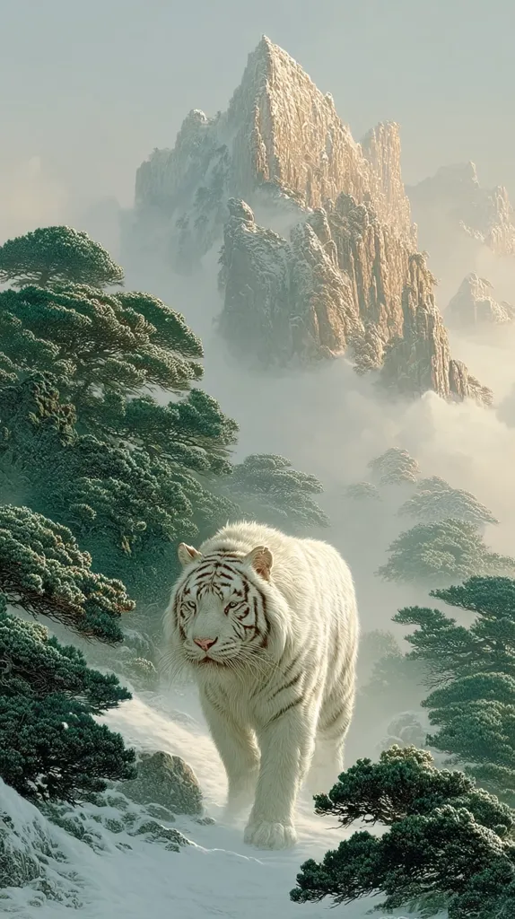 A majestic white tiger strides through a snow-covered landscape, its gaze fixed ahead.  Towering, snow-dusted mountains rise in the background, partially obscured by a misty veil.  Evergreen trees cling to the slopes, their branches dusted with snow, creating a serene and mystical winter scene. The tiger's presence adds a powerful element to the tranquil natural beauty.