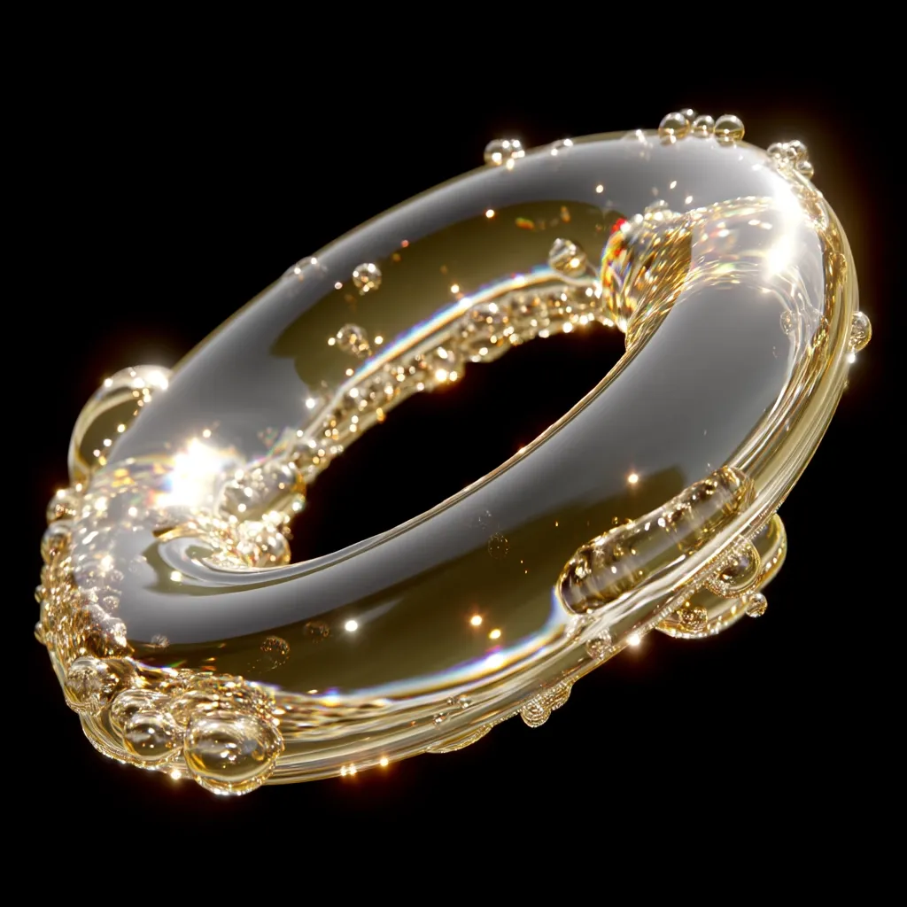 A golden, translucent torus, or ring shape, floats against a black background.  The surface is textured with small bubbles, catching and reflecting light. The overall effect is one of shimmering, luxurious fluidity and elegance. The torus appears to be made of a viscous liquid, possibly oil or honey, with highlights suggesting internal reflections.