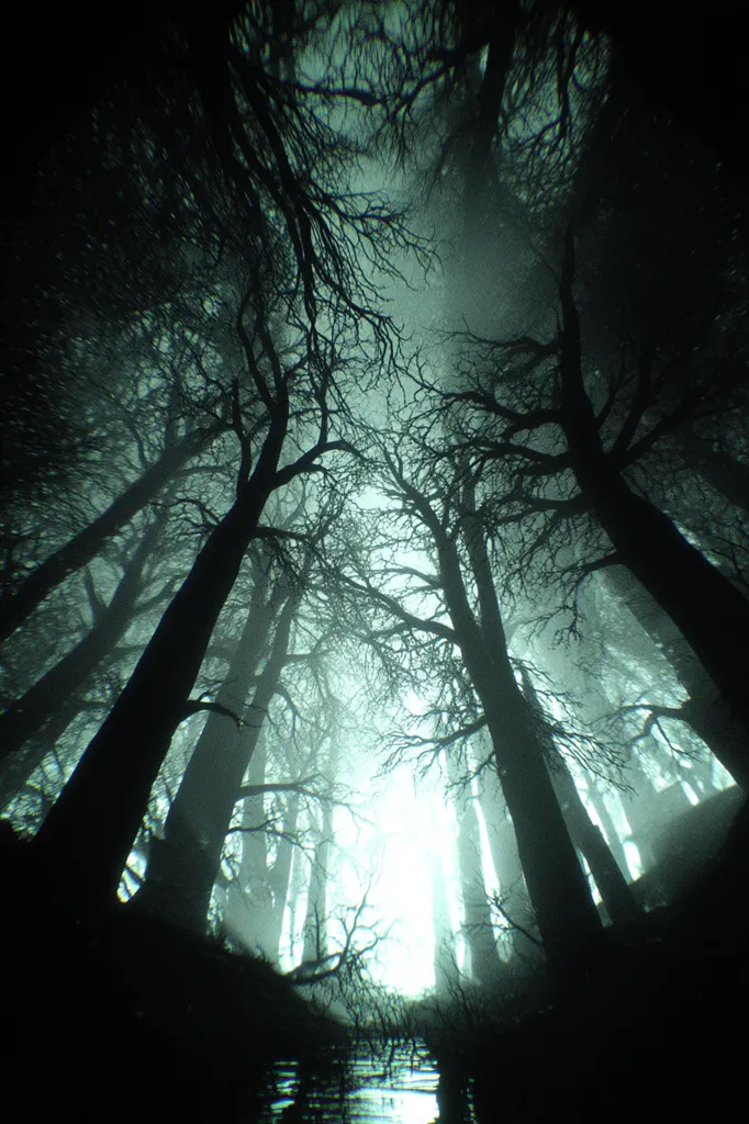 A low-angle shot reveals a dense forest shrouded in mist. Tall, slender trees with bare branches reach towards a faintly luminous sky, creating a mystical and somewhat eerie atmosphere. The scene is predominantly dark, with the light filtering through the canopy, casting an ethereal glow on the forest floor.  A calm body of water is visible in the foreground.
