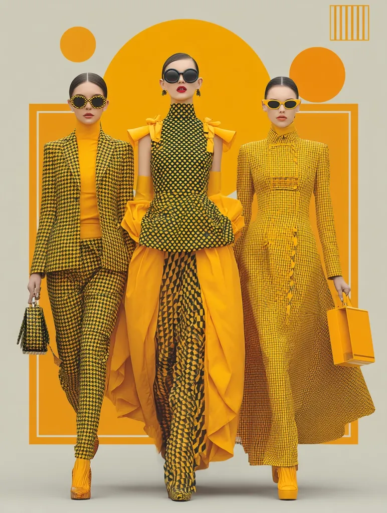 Three fashion models pose against a vibrant yellow and beige backdrop.  They wear matching yellow and black checkered outfits in varying styles: a pantsuit, a dramatic gown, and a long dress.  All three models sport sunglasses, adding to the bold and stylish aesthetic of the image.  The overall impression is one of modern, high-fashion elegance with a strong color palette.