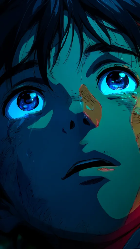 A close-up, stylized anime-style portrait depicts a young person with dark hair, large, expressive blue eyes filled with tears, and a distressed expression.  Their face is partially illuminated, casting dramatic shadows, emphasizing the emotional intensity.  Tears stream down their cheeks, enhancing the sense of sadness and vulnerability. The overall color palette is predominantly dark teal and blue, contributing to a melancholic mood.