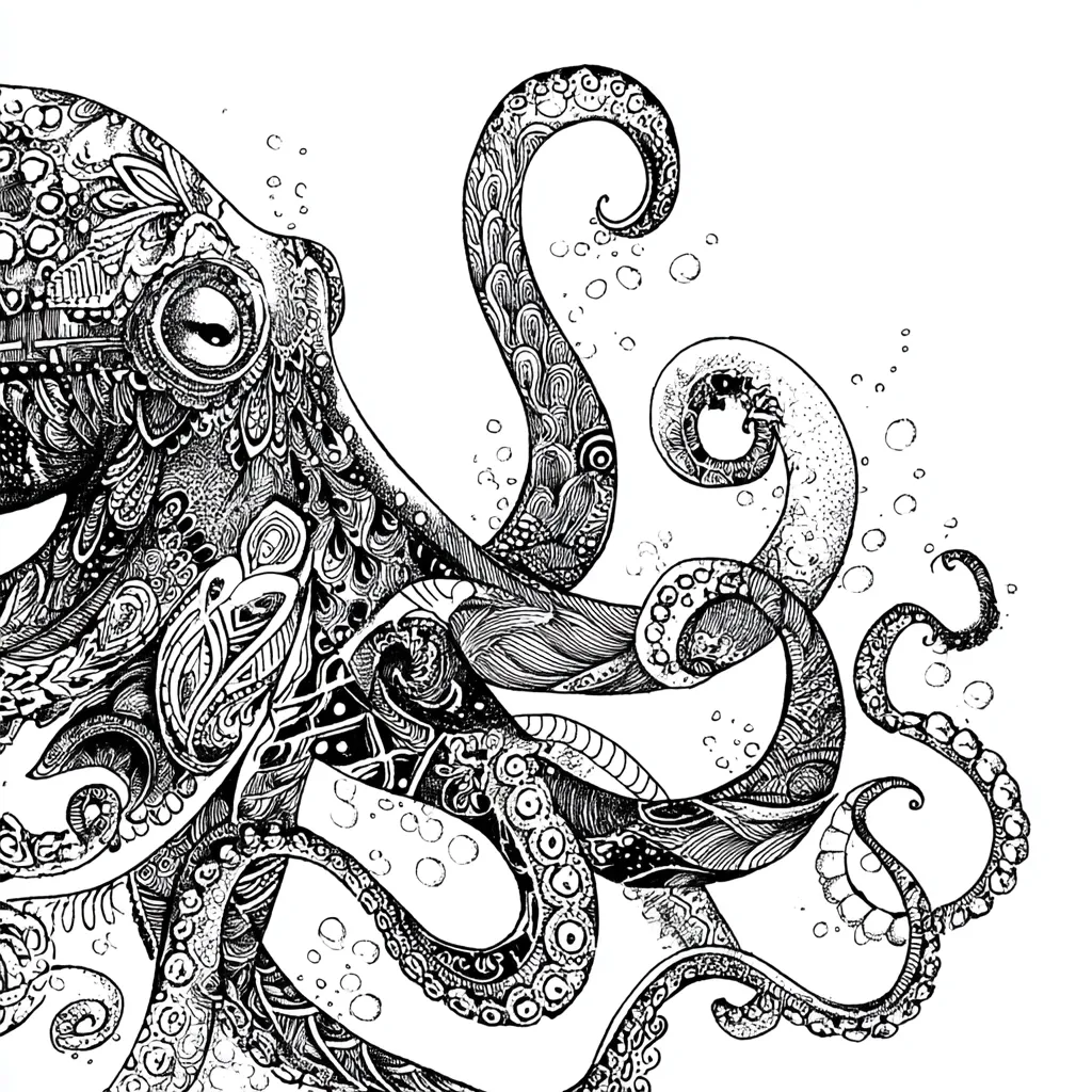 A detailed ink drawing of an octopus, rendered in black and white.  The octopus's body and tentacles are intricately decorated with ornate patterns and swirling designs, resembling paisley or mandala art.  Bubbles are scattered around it, suggesting an underwater setting. The style is highly decorative and visually complex.