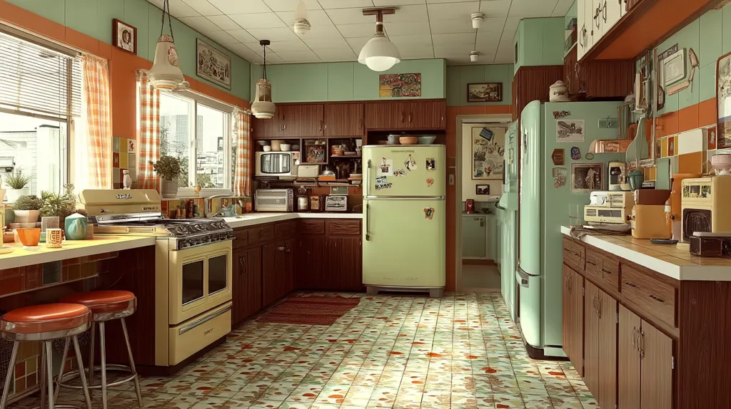 A retro-style kitchen boasts mint green walls, orange and brown tile flooring, and vintage appliances.  A pale yellow stove and matching pale green refrigerator are central features. Dark wood cabinets and countertops complete the design.  Checkered curtains and various kitchen gadgets add character to this nostalgic space.  The overall aesthetic is reminiscent of the mid-20th century.