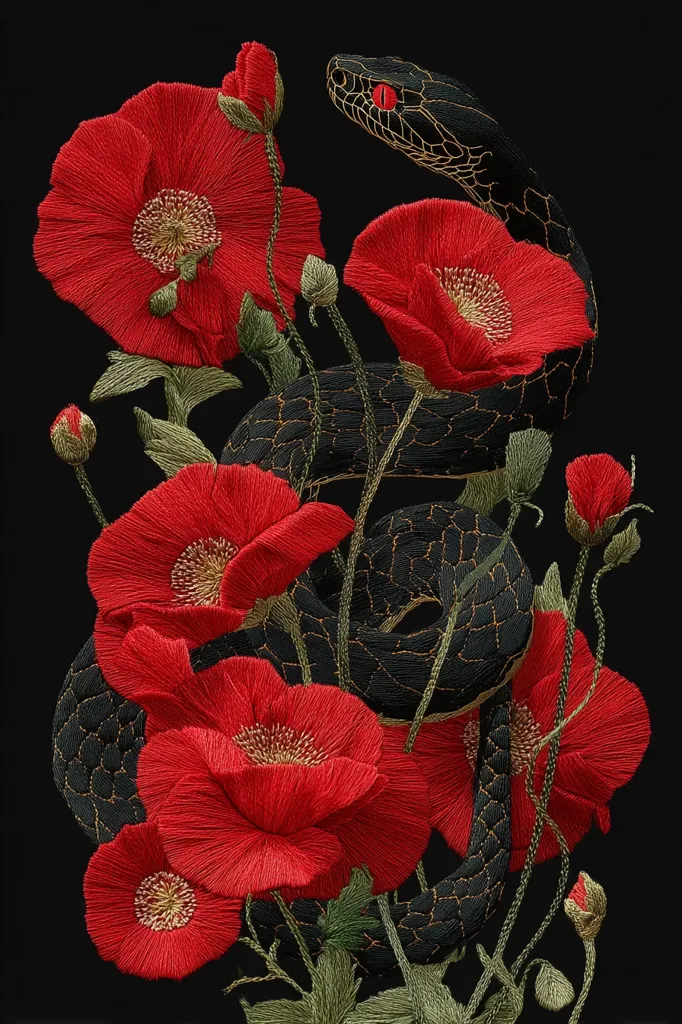 A meticulously detailed embroidery depicts a black snake intertwined with vibrant red poppies against a stark black background.  The snake's scales and the poppies' delicate petals are rendered with exceptional precision, creating a striking contrast of textures and colors.  The piece evokes a sense of both beauty and danger, highlighting the intricate details of both the reptile and the flowers.