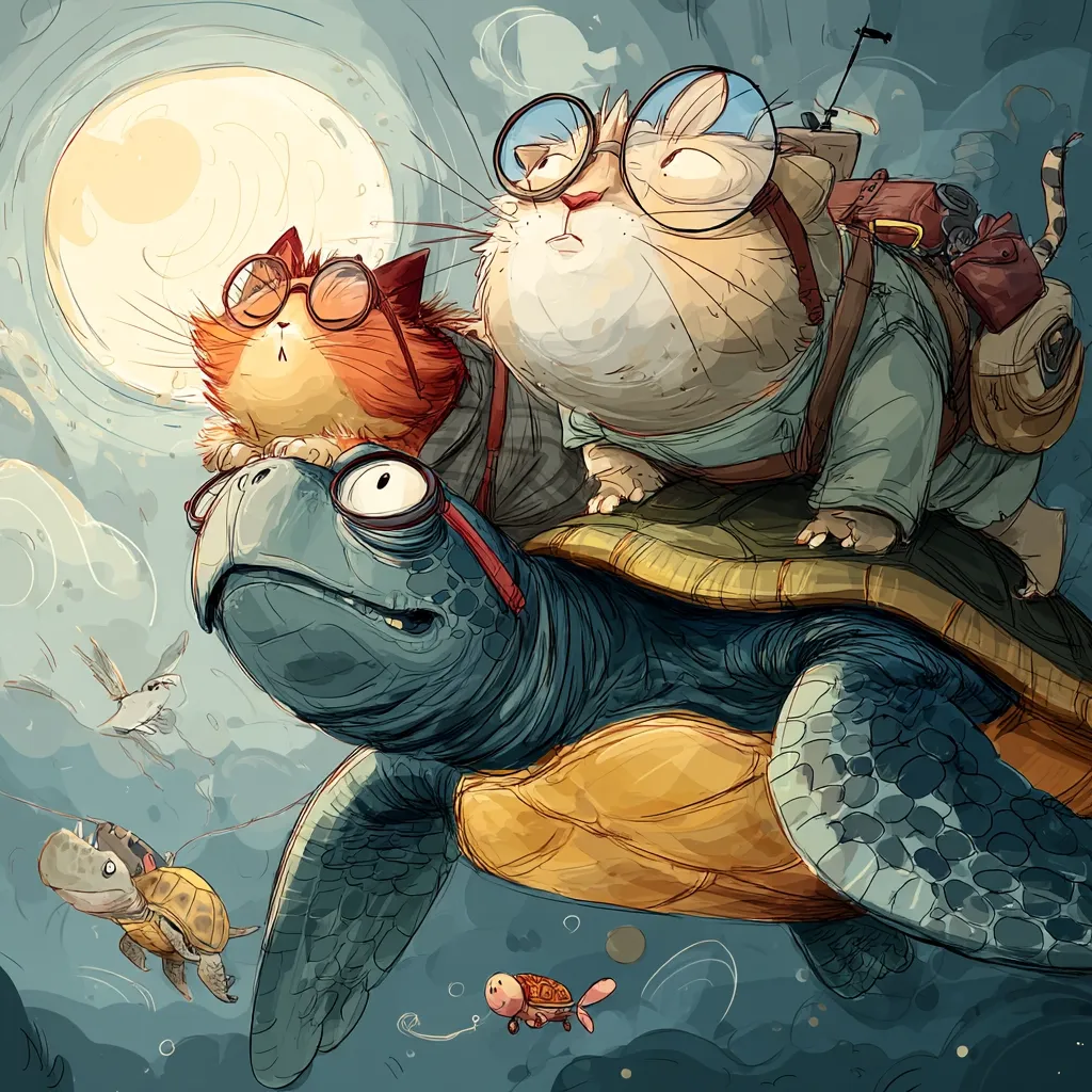 A whimsical illustration depicts two cats wearing glasses, riding on a large turtle against a night sky with a full moon.  The cats, one ginger and one cream-colored, appear to be traveling, with the cream cat carrying a backpack.  Smaller turtles and a fish swim below, adding to the fantastical scene.  The style is cartoonish and expressive, with a focus on vibrant colors and playful character designs.
