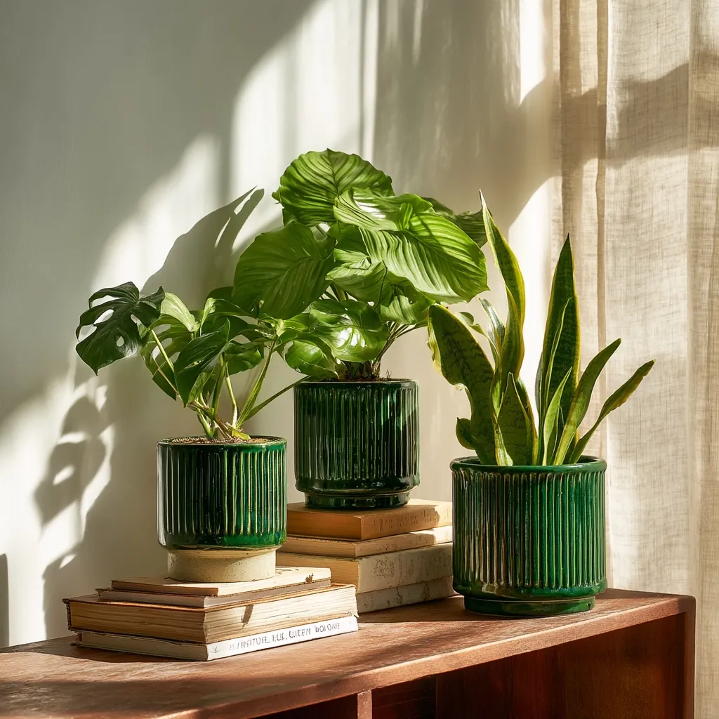 Three potted houseplants sit on a wooden shelf, bathed in sunlight streaming through a sheer curtain.  The plants, a Monstera deliciosa, a Calathea, and a snake plant, are in dark green, vertically ribbed pots.  The pots rest on a stack of books, creating a visually appealing and naturally-lit display.  The overall aesthetic is calm and minimalist.
