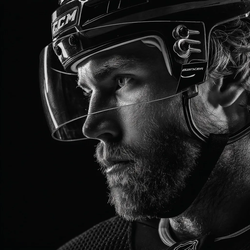 A black and white close-up shot captures a hockey player's profile.  His face, partially obscured by a helmet with a clear visor, is intensely lit, highlighting his beard and serious expression.  The "CCM" logo is visible on his helmet. The image's contrast and darkness emphasize the player's determination and the sport's intensity.