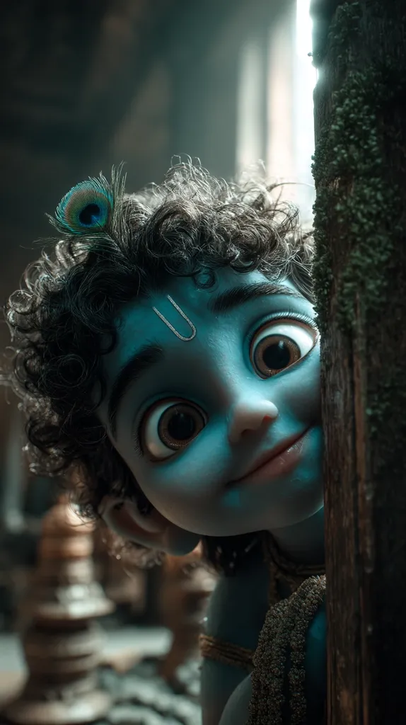 A charming 3D rendering depicts a young Krishna, the Hindu deity, peeking playfully from behind a weathered wooden post.  His large, expressive eyes and a single peacock feather in his dark, curly hair add to his endearing character. The muted blue tones and atmospheric background create a mystical ambiance.  His mischievous smile hints at an upcoming adventure.