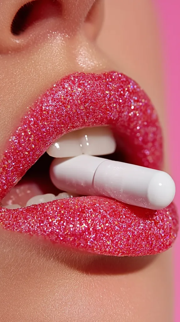 Close-up of a woman's mouth with bright pink, glitter-covered lips.  A white cylindrical object, possibly a lip balm or applicator, is held between her teeth. The focus is sharp on the lips and the object, creating a glamorous and slightly surreal image.  The background is a blurred, soft pink.