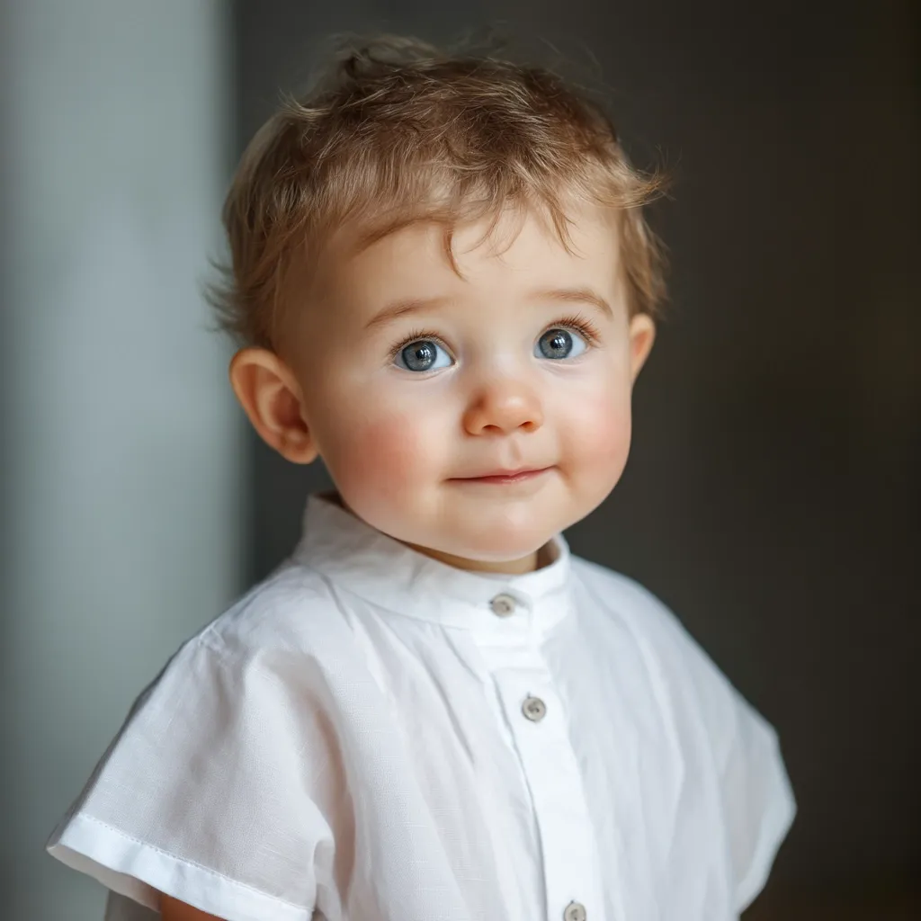 A close-up portrait of a toddler with light blonde hair and striking blue eyes.  The child is wearing a crisp white collared shirt and has rosy cheeks. Their expression is calm and curious, gazing slightly off-camera.  The background is a blurred dark grey, focusing attention on the baby's sweet features. The image evokes feelings of innocence and childhood charm.