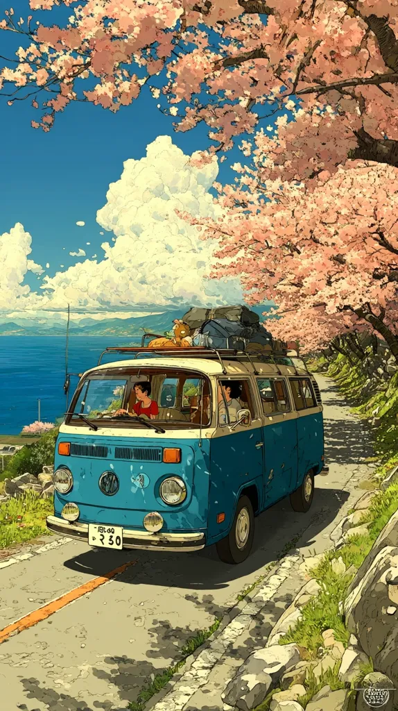A teal Volkswagen bus, laden with luggage on its roof rack, drives along a scenic road.  Two passengers are visible inside, enjoying the journey.  Cherry blossoms in full bloom frame the road, creating a picturesque springtime setting.  A calm ocean and clear blue sky complete the idyllic scene, evoking a sense of freedom and adventure.