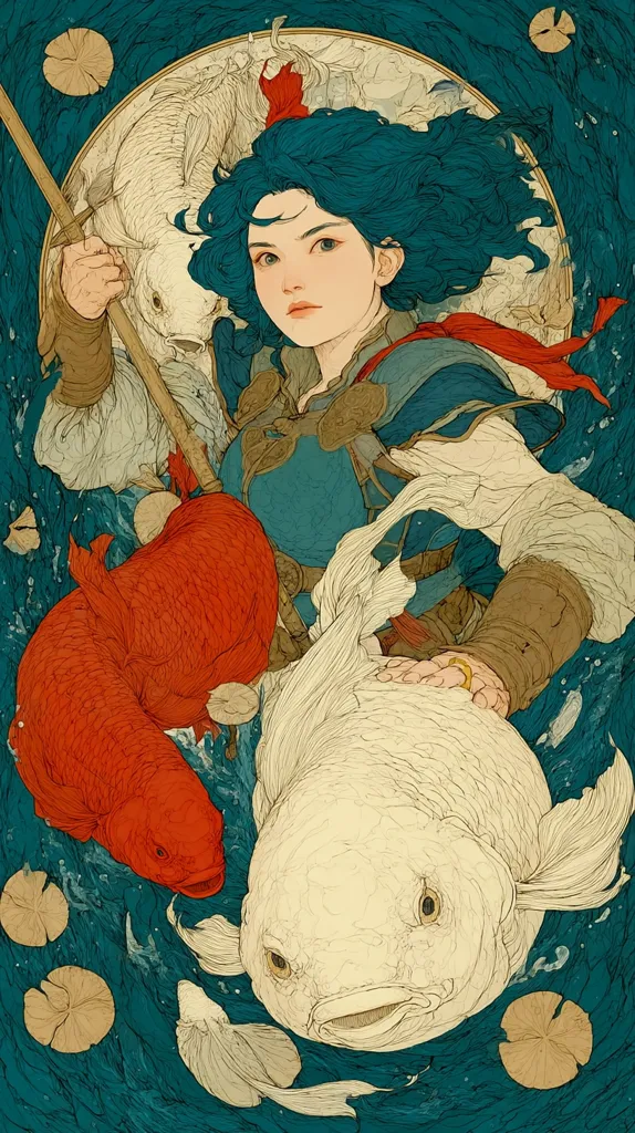 A stylized illustration depicts a young woman with flowing teal hair, adorned in East Asian-inspired attire, holding a spear.  She is surrounded by vibrant koi fish—a large red one and a large white one—in a teal-toned aquatic scene.  Lily pads and swirling water add to the ethereal, mystical quality of the artwork. The woman's expression is serious and calm, suggesting strength and connection with the aquatic environment.