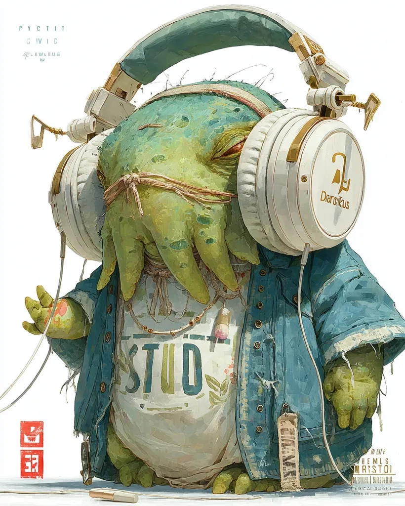 A whimsical illustration depicts a green, octopus-like creature wearing oversized white headphones, a denim jacket, and a shirt that says "STUD."  The creature's skin is textured, and its expression is serene. The style is reminiscent of fantasy art with a touch of whimsy and a muted color palette. The artwork features details like frayed clothing and a small tag hanging from the jacket.