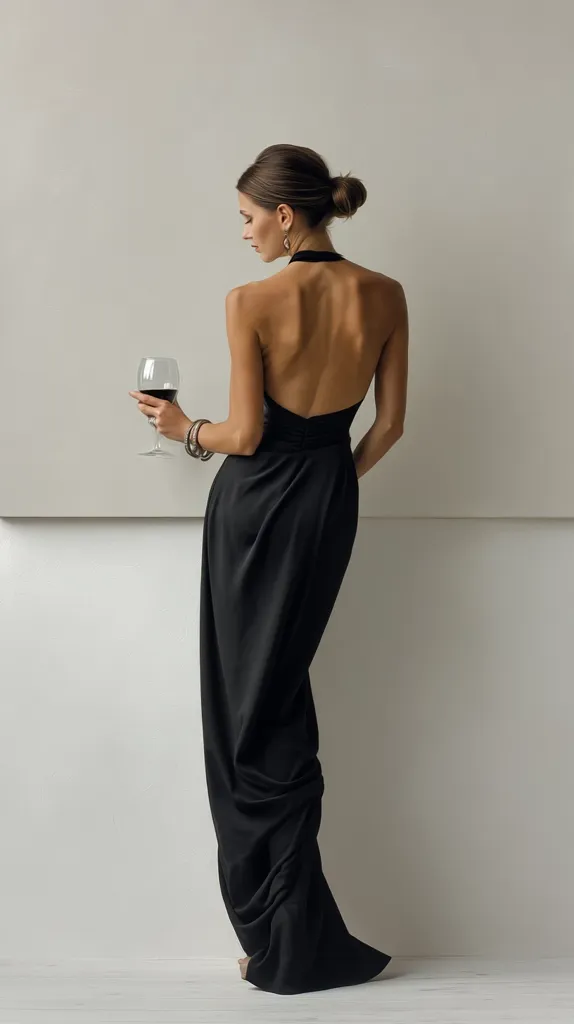 A woman with her back to the camera wears a flowing black halter-neck maxi dress.  Her hair is styled in a bun. She holds a glass of red wine. The minimalist setting features a light grey backdrop. The overall impression is one of elegance and quiet contemplation.