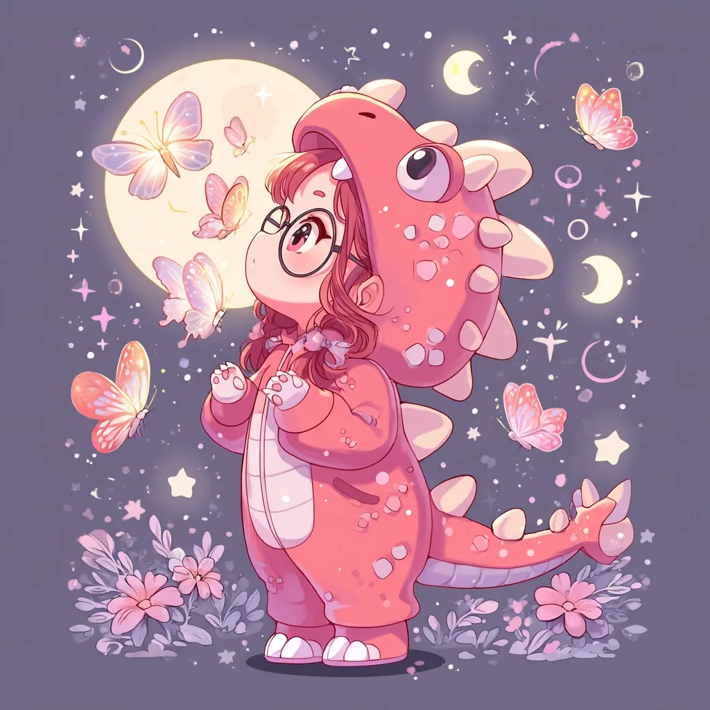 An adorable chibi girl wearing a pink dinosaur onesie gazes at a full moon surrounded by sparkling stars and colorful butterflies.  The scene is dreamy and whimsical, with soft pastel colors and delicate floral elements at the base. The girl's large eyes and sweet expression enhance the overall charming and magical atmosphere.