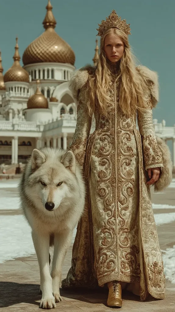 A blonde woman in a long, ornate gold gown and crown stands with a white wolf.  The gown features intricate embroidery and fur trim. The setting is outdoors, before a grand, golden-domed building, suggesting a regal or fairytale aesthetic. The overall image evokes a sense of fantasy and power.