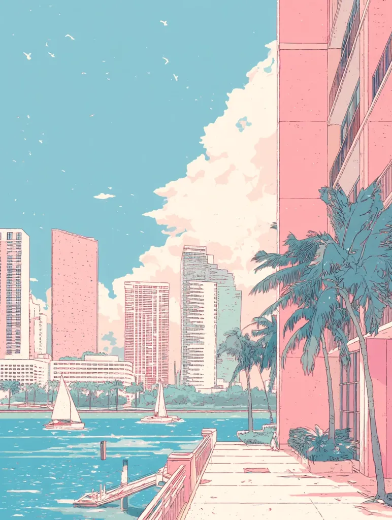 A pastel-colored illustration depicts a waterfront scene with pastel pink buildings, palm trees, and sailboats on calm turquoise water.  The sky is a soft blue with fluffy clouds and a few birds. A walkway leads from a pink building towards the water's edge, creating a serene and idyllic atmosphere.  The style is reminiscent of retro anime or vaporwave aesthetics.