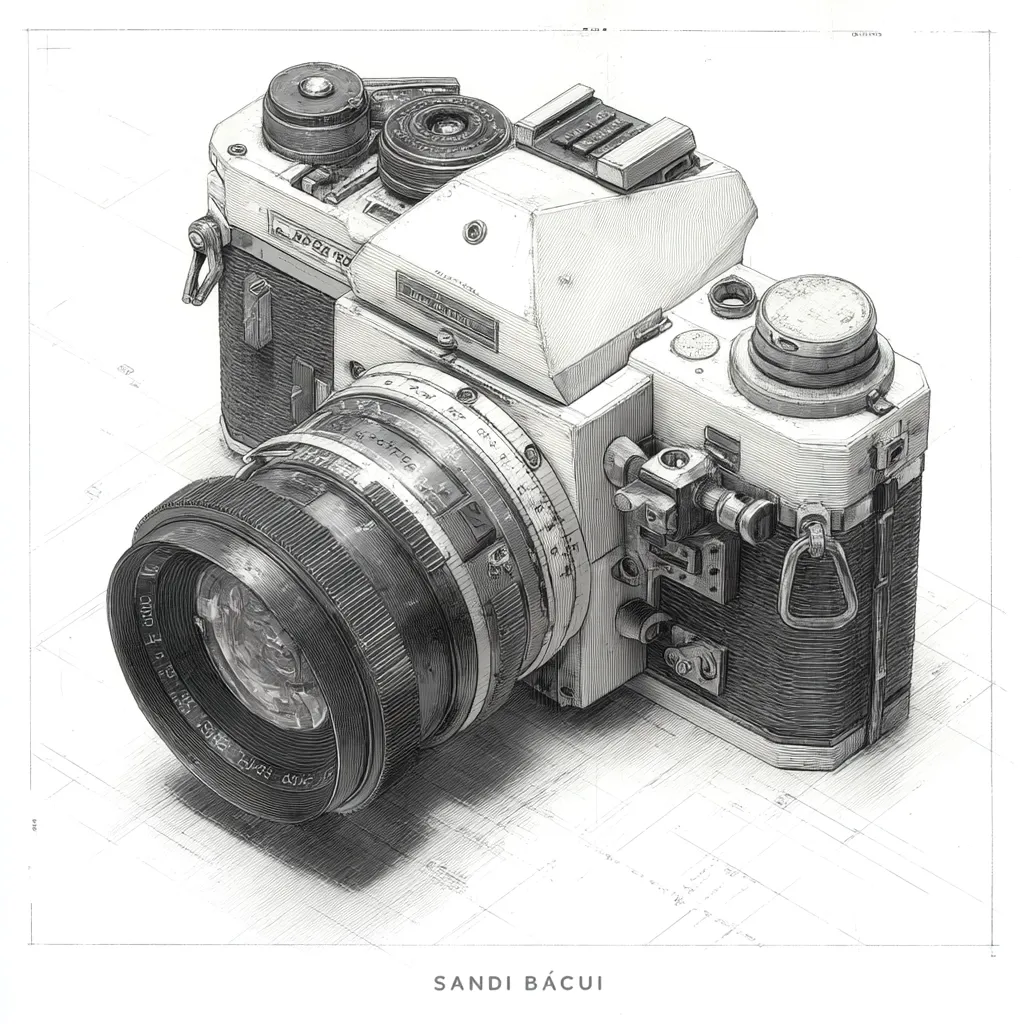 A meticulously detailed pencil drawing showcases a vintage 35mm SLR camera.  The artist's precise shading renders the camera's intricate details—from the lens's aperture markings to the textured body—with remarkable realism.  The camera rests on a subtly drawn blueprint-like grid, adding to the technical and artistic precision of the piece. The artist's signature, Sandi Băcui, is visible at the bottom.