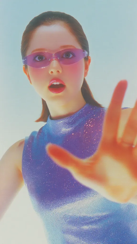 A young woman with short brown hair wears purple cat-eye sunglasses and a sparkly, light purple sleeveless top.  Her expression is surprised, mouth open slightly. She extends one hand towards the viewer, palm forward, in a gesture of stopping or caution. The background is a pale, washed-out blue.  The overall aesthetic is bright, vibrant, and slightly surreal.