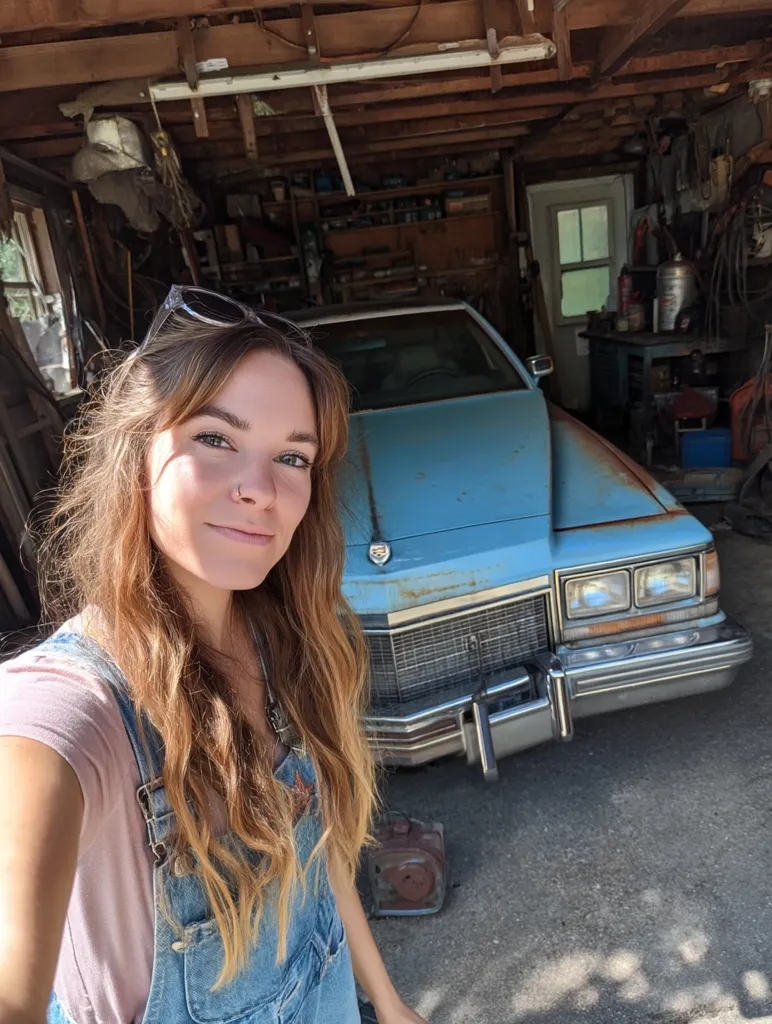 A young woman with long brown hair and a denim overall dress poses for a selfie in a cluttered garage.  Behind her sits a weathered, light blue classic car, possibly a Cadillac, showing signs of age and disrepair. The garage is filled with tools, parts, and various items, suggesting a space for car restoration or general repair work.  Sunlight streams into the garage from a side door.