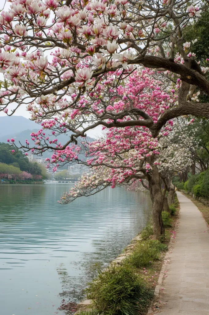 A serene lakeside path is lined with magnificent magnolia trees in full bloom.  Pink and white blossoms cascade over the water's edge, creating a breathtaking display of spring color.  The calm lake reflects the trees and a distant cityscape, offering a tranquil and picturesque scene.  A paved walkway invites a peaceful stroll through this beautiful natural setting.