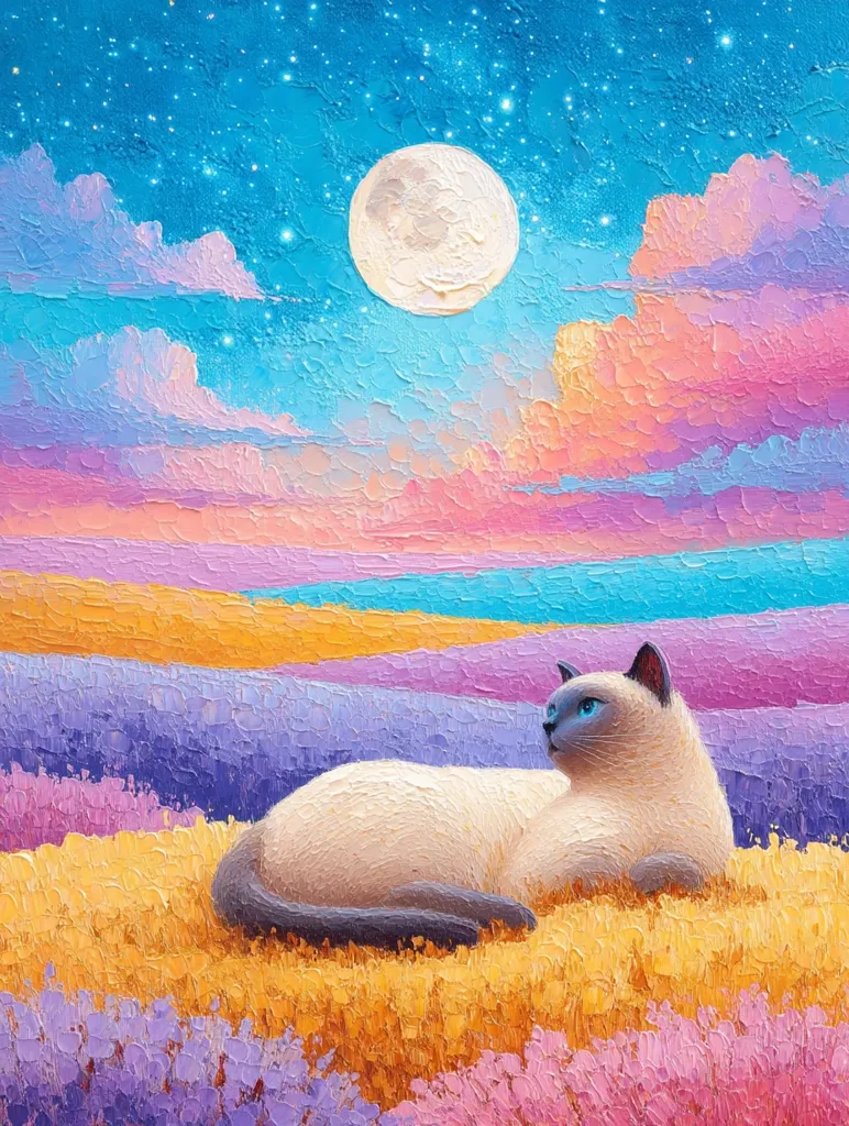 A serene painting depicts a Siamese cat lounging in a field of vibrant purple and yellow flowers under a pastel sky. A large, full moon illuminates the scene, adding to the magical ambiance.  The impasto style creates a textured, dreamlike quality, emphasizing the peaceful atmosphere. The cat gazes thoughtfully into the distance, adding a touch of quiet contemplation to the artwork.