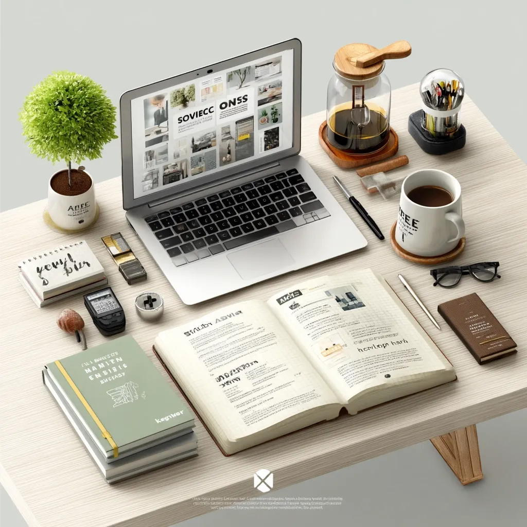 A minimalist workspace is depicted, featuring a laptop displaying a design portfolio, an open notebook, a coffee cup, and various stationery items.  A small potted plant adds a touch of greenery.  The overall aesthetic is clean, organized, and modern, suggesting a creative professional's desk.  The color palette is neutral and calming, with beige and white dominating.  Books and a small coffee press complete the scene.