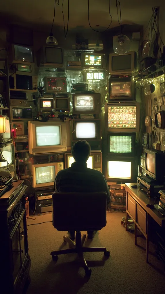 A person sits in a chair facing a wall densely packed with vintage televisions and monitors of various sizes and shapes.  The room is dimly lit, casting long shadows. The scene evokes a retro-futuristic or nostalgic atmosphere, suggesting a collector's space or a unique media installation. The array of screens displays static images and soft glows. The overall ambiance is dark and slightly mysterious.
