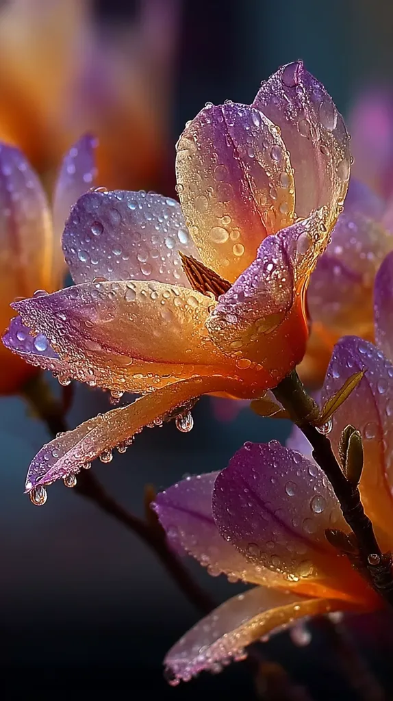 A close-up shot reveals a stunning magnolia blossom, its petals adorned with glistening dewdrops. The flower showcases a captivating blend of purple and orange hues, with the droplets catching the light, creating a mesmerizing display of color and texture.  The dark background accentuates the flower's vibrant beauty, highlighting the intricate details of its petals and the delicate water droplets.