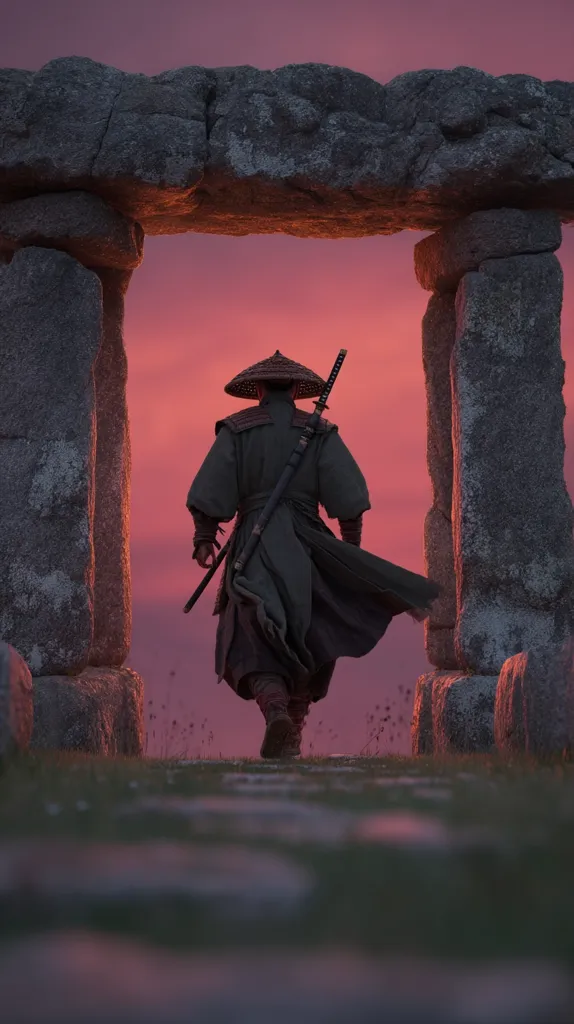 A lone samurai, cloaked in dark robes and carrying a katana, walks away from the viewer.  He passes through a stone archway, silhouetted against a vibrant pink and purple sunset. The scene is serene and evokes a sense of mystery and journey.  The ancient stones suggest a place of pilgrimage or reflection.