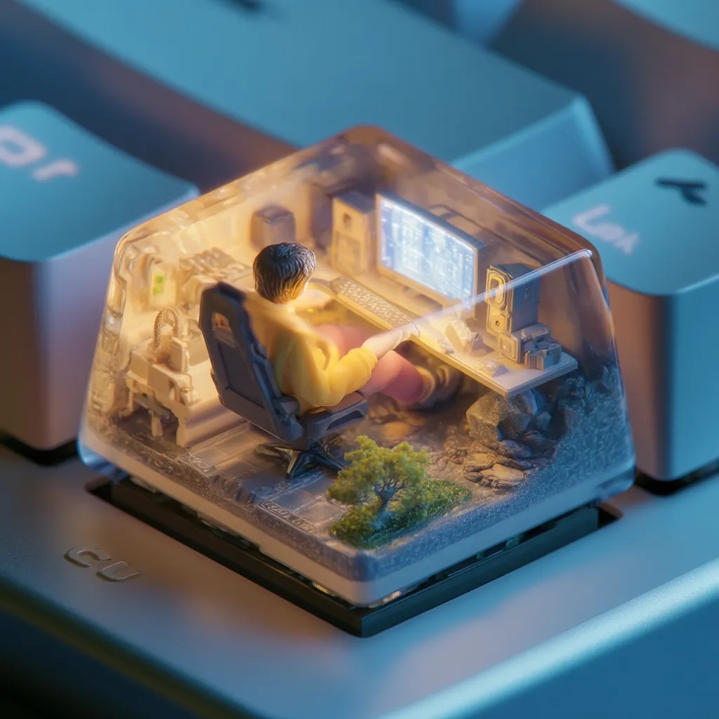 A miniature gamer sits at a tiny computer setup, encased within a transparent keycap atop a keyboard.  The scene is meticulously detailed, including a desk, chair, computer monitor, and even miniature landscaping.  The warm glow from the miniature computer screen contrasts with the cool blue lighting of the keyboard, creating a striking visual effect.  The overall image suggests the immersive nature of gaming and the vast digital worlds contained within a single keystroke.