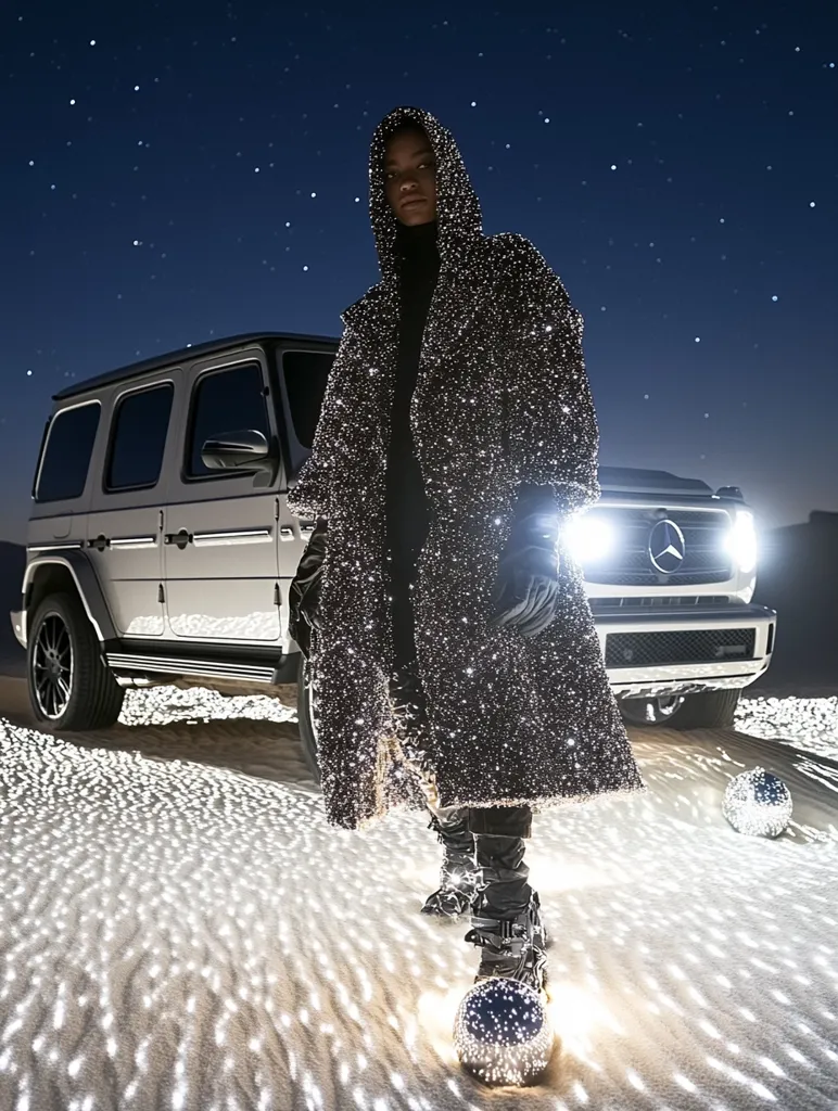 A person in a shimmering, hooded coat stands before a silver Mercedes G-Class SUV under a starry night sky.  The sand is illuminated with sparkling lights, creating a surreal atmosphere.  The model's boots are also highlighted by the lights, enhancing the futuristic, almost otherworldly, feel of the scene.  The overall image is striking and visually captivating.