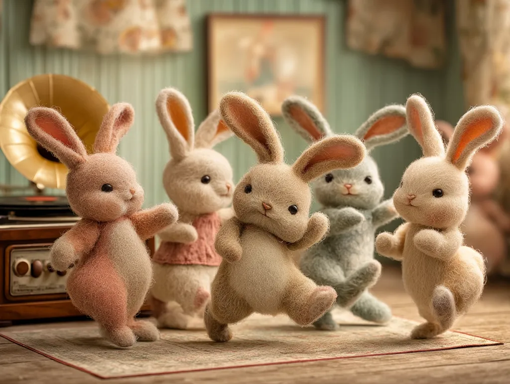 Five adorable handmade felt bunnies are captured in a charming scene.  They are posed mid-dance, their fluffy bodies and expressive faces creating a sense of playful energy.  The bunnies are in various soft pastel colors, set against a vintage backdrop featuring a gramophone and softly lit room. The overall image evokes a feeling of warmth and nostalgia.