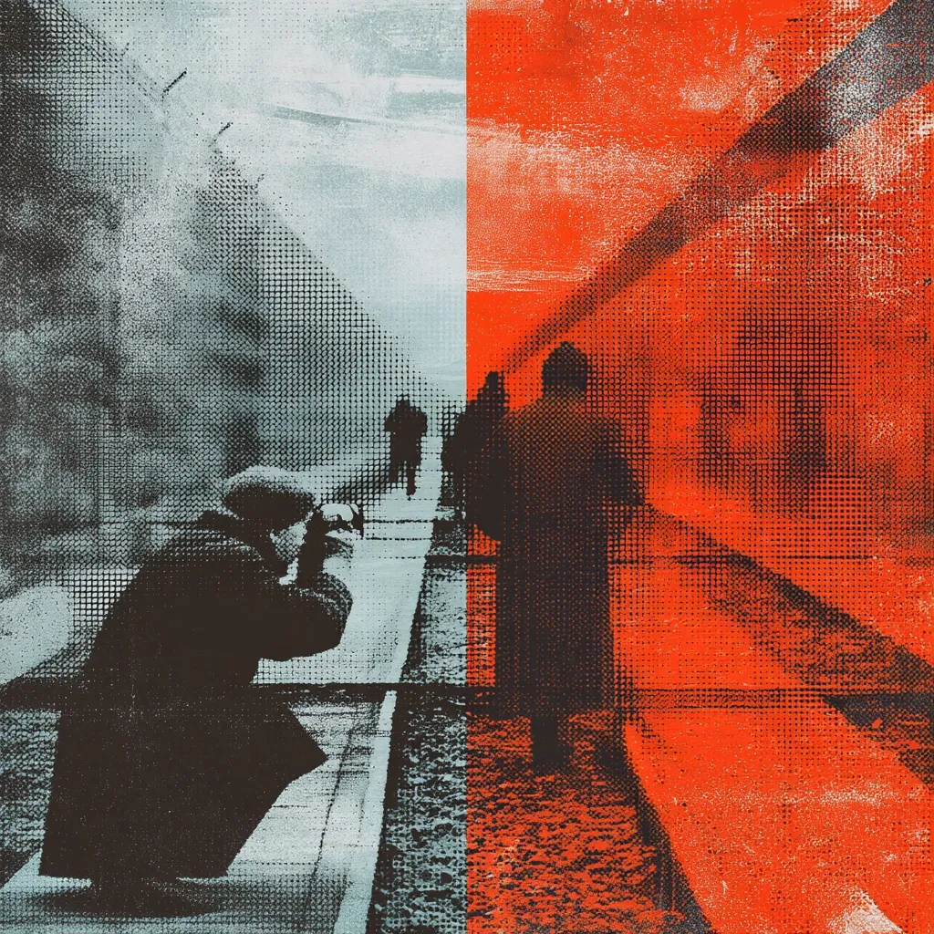 A stylized image, bisected vertically, depicts a street scene.  The left half is rendered in muted grays and blues with a halftone effect, showing figures walking away from a photographer. The right half is vibrant red, heavily textured, and conveys a sense of urgency or heat. The contrast between the two halves creates a powerful visual narrative.  The overall aesthetic is gritty and abstract.