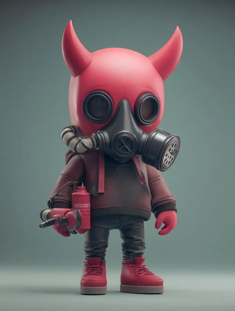 A 3D-rendered illustration of a small, devil-like figure.  It wears a red devil-horned helmet, a gas mask, a dark maroon hoodie, dark pants, and red high-top sneakers.  The figure holds a red spray can in one hand, suggesting a graffiti artist or perhaps a dystopian character. The overall style is cartoonish yet slightly menacing. The background is a muted teal.