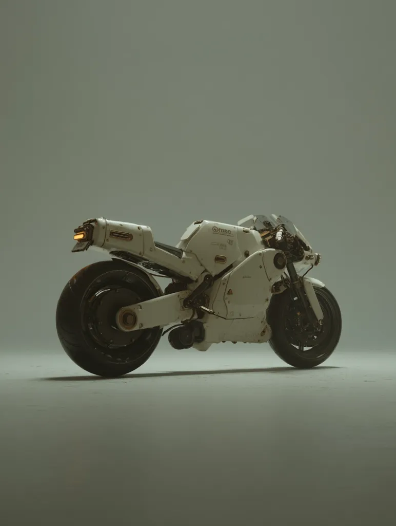 A futuristic, white motorcycle is showcased against a muted gray backdrop. Its design is sleek and minimalist, with exposed mechanical elements hinting at advanced technology. The motorcycle's body is predominantly white, contrasted by dark tires and subtle metallic accents.  The overall aesthetic blends a clean, modern design with a hint of post-apocalyptic grit. The image emphasizes the motorcycle's unique and stylized form.