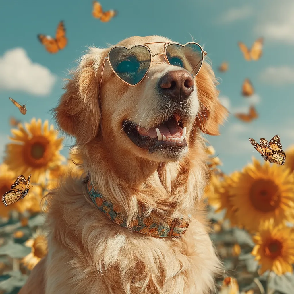 A golden retriever dog, wearing heart-shaped sunglasses, sits amidst a field of sunflowers.  Butterflies flutter around the dog and flowers, creating a cheerful, summery scene.  The dog's expression is happy and relaxed, enjoying the sunny day.  The overall tone is warm and idyllic.
