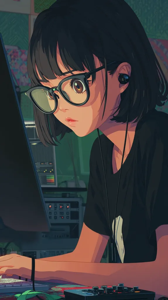 An anime-style illustration depicts a young woman with short black hair and glasses, intently focused on a computer screen.  She wears a black t-shirt and earphones. The setting is dimly lit, suggesting a home studio environment, with music equipment visible in the background.  The overall mood is calm and concentrated.