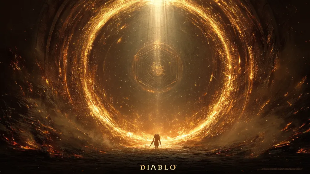 A lone figure stands before a colossal, swirling vortex of golden energy.  The fiery ring emanates intense light, illuminating a hexagonal structure at its center.  A beam of light pierces the vortex from above. The scene is dark and dramatic, suggesting a powerful, otherworldly event. The word "DIABLO" is subtly displayed at the bottom, hinting at the game's setting.  The overall impression is one of immense power and impending conflict.